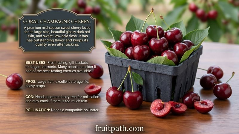 Coral Champagne cherry tree showing large glossy dark red sweet cherries premium variety with excellent taste and storage quality.