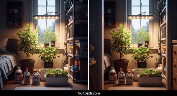 Indoor fruit gardening showing limited space, grow lights, and weak natural sunlight affecting plant growth.