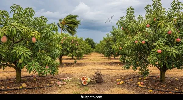 Outdoor fruit orchard showing weather damage and pest problems affecting fruit trees and harvest.