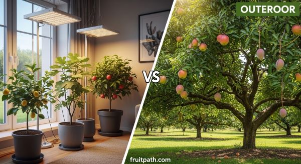 Comparison of dwarf fruit trees grown indoors in pots and large fruit trees growing outdoors in a garden.