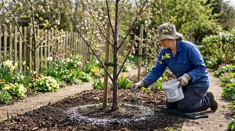 Fertilizing cherry trees with balanced fertilizer in early spring for healthy growth and fruit production.
