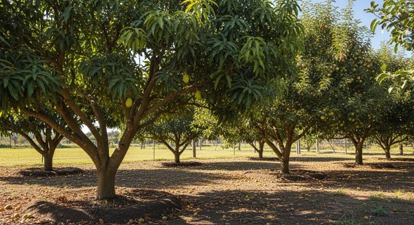Fruit trees planted directly in natural soil showing ground planting method in a spacious outdoor garden.