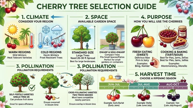 How to choose the best cherry tree variety showing climate space pollination purpose and harvest time checklist.