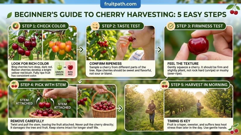 How to harvest cherries showing ripe fruit picking timing firmness test and morning harvesting tips.