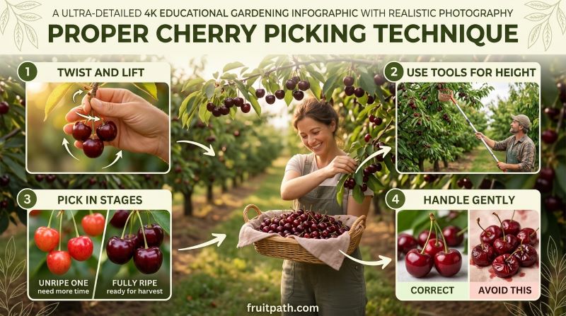 How to pick cherries the right way showing twisting technique stem picking gentle handling and use of cherry picker tool.