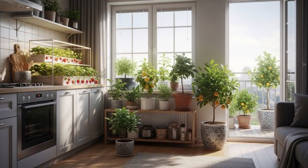 Indoor fruit gardening with potted strawberry and lemon plants growing near a sunny window in a modern home.