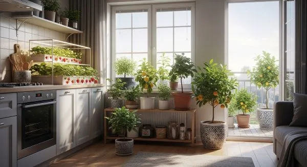 Indoor fruit gardening with potted strawberry and lemon plants growing near a sunny window in a modern home.