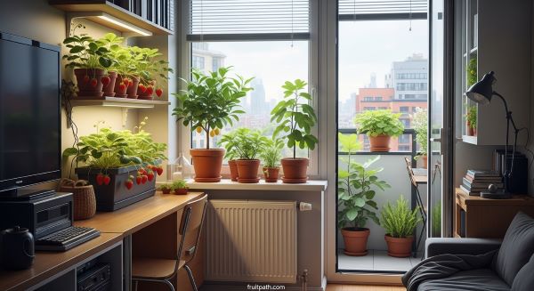 Indoor fruit gardening in a small apartment with strawberry, lemon, and fig plants growing in pots.