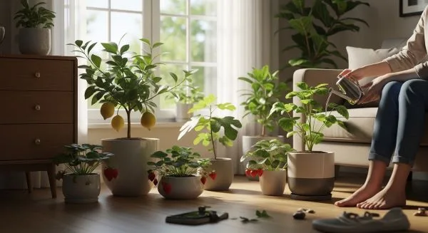 Indoor fruit plants decorating a cozy living room creating a relaxing and fresh environment.
