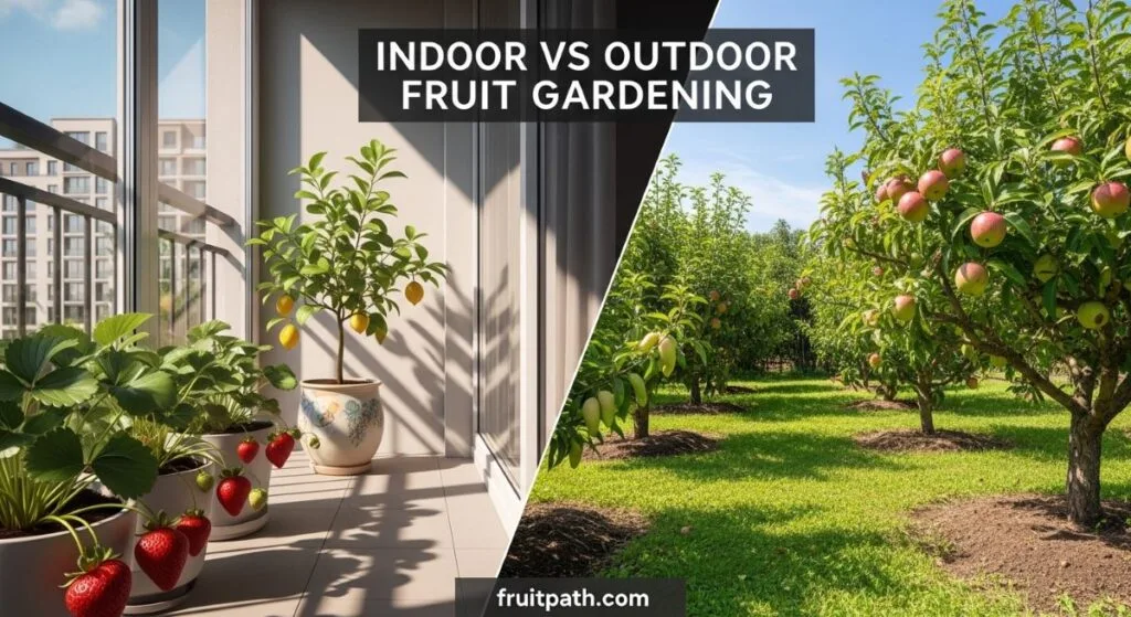This realistic image shows a side-by-side comparison of indoor and outdoor fruit gardening. One side features a modern apartment balcony with potted strawberry plants and a lemon tree, while the other shows a natural outdoor garden with apple and mango trees. The image highlights how both methods can successfully grow fruits depending on available space and environment.