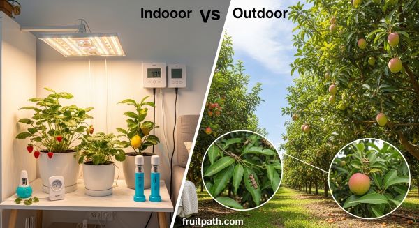 Comparison of indoor controlled fruit gardening with grow lights and outdoor orchard with larger fruit yield under natural conditions.