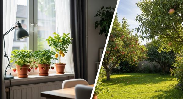 Indoor vs outdoor fruit gardening,9 powerful deifferences everybeginer must know, comparison showing potted fruit plants inside a home and fruit trees growing in a backyard garden