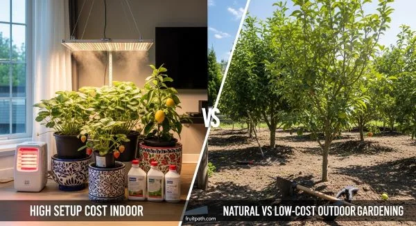 Indoor fruit gardening setup with grow lights and equipment compared to simple outdoor fruit garden using natural resources.