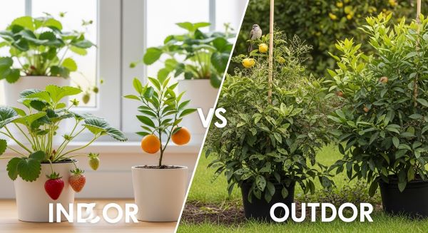 Indoor fruit plants protected from pests compared to outdoor plants affected by insects and birds.