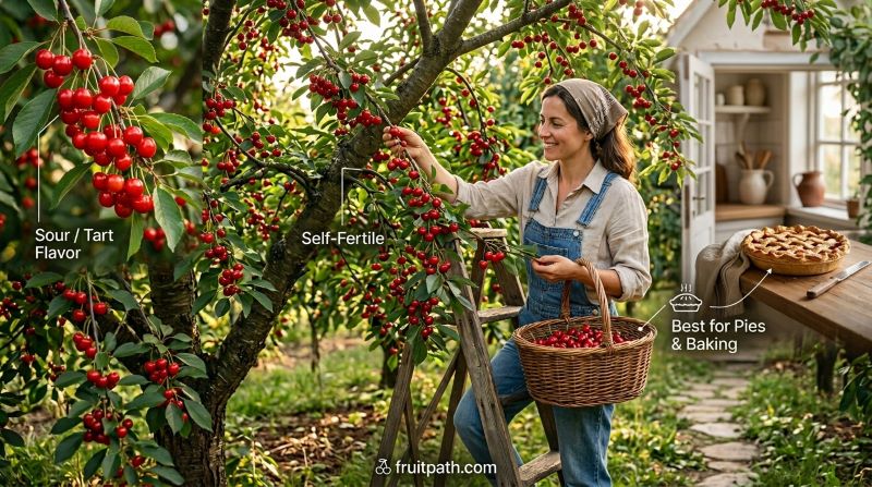 Montmorency sour cherry tree showing bright red tart cherries used for pies baking and jam making.