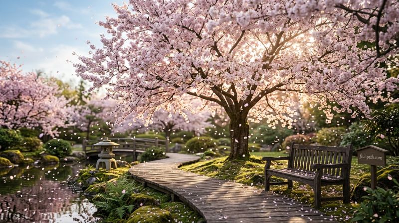 Ornamental cherry blossom trees in full bloom showing pink flowers in spring grown for beauty not fruit.