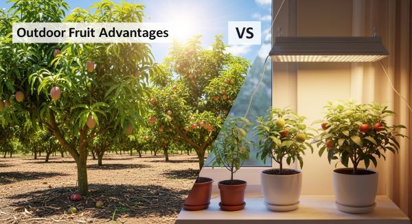 Outdoor fruit trees growing in natural sunlight compared with indoor potted plants under artificial light.