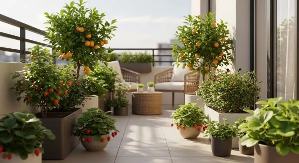 Patio fruit gardening with citrus and strawberry plants growing in containers on a sunny balcony or terrace.