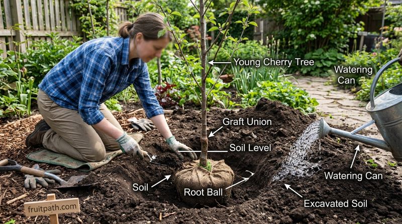 Planting a cherry tree showing correct depth graft union above soil and proper hole size for healthy growth.