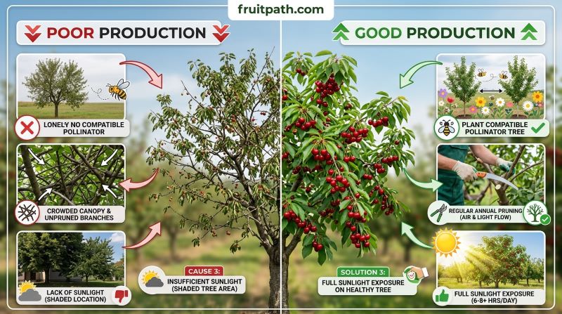 Poor fruit production in cherry trees showing causes like no pollinator poor pruning and low sunlight with solutions for better yield.