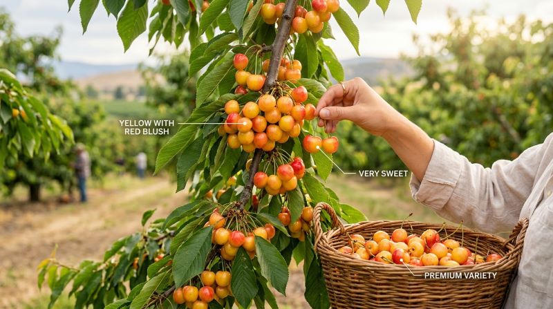 Rainier cherry tree showing yellow cherries with red blush very sweet premium variety for fresh eating.