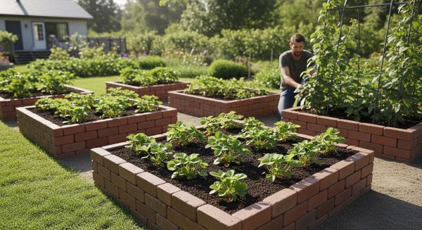 Raised bed gardening with strawberries and berry plants growing in elevated wooden garden beds.