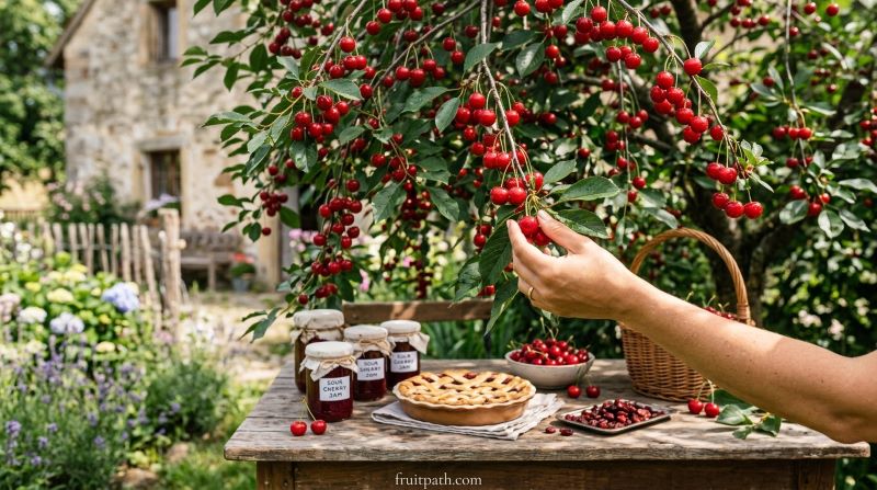 Sour cherry trees producing small bright red tart cherries used for pie jam juice and cooking purposes.