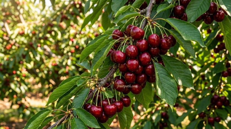 Sweet cherry trees showing ripe dark red cherries growing in orchard representing delightful cherry varieties