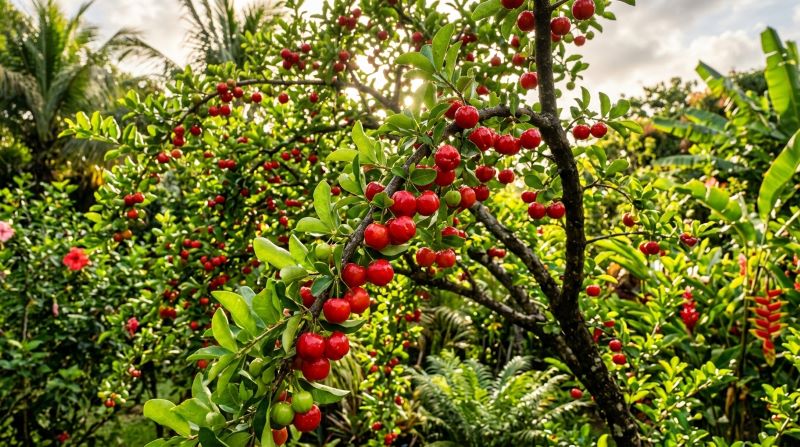 Tropical cherry tree acerola producing small bright red fruits in warm humid climate areas.