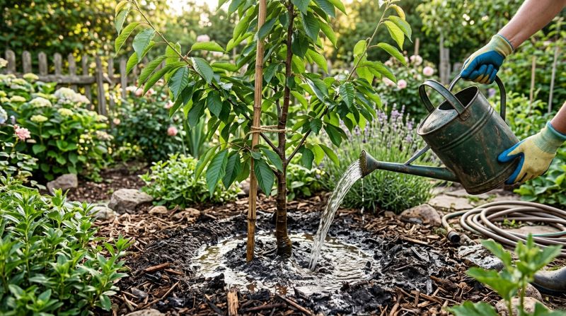 Watering cherry trees deeply showing proper watering method for young cherry tree growth.