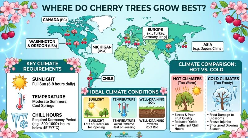 Where do cherry trees grow best showing cherry growing regions and ideal climate conditions for healthy cherry trees.