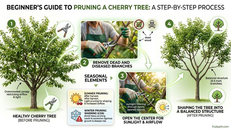 Why and how to prune cherry trees showing step by step pruning process for healthy growth and better fruit production.