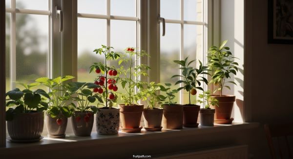 Window gardening with strawberry and small citrus plants growing on a sunny windowsill indoors.