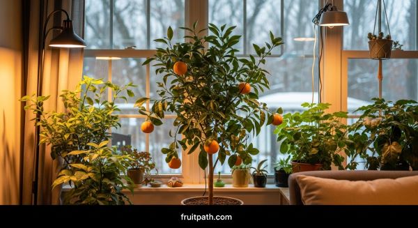 Indoor citrus plant producing fruit during winter with grow lights and controlled environment.