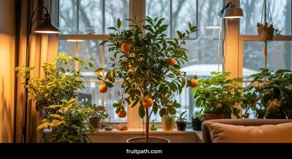 Indoor citrus plant producing fruit during winter with grow lights and controlled environment.