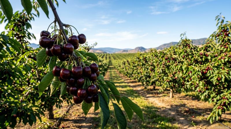 Large Bing cherries with deep mahogany-black color hanging from a cherry tree branch in a sunlit orchard.