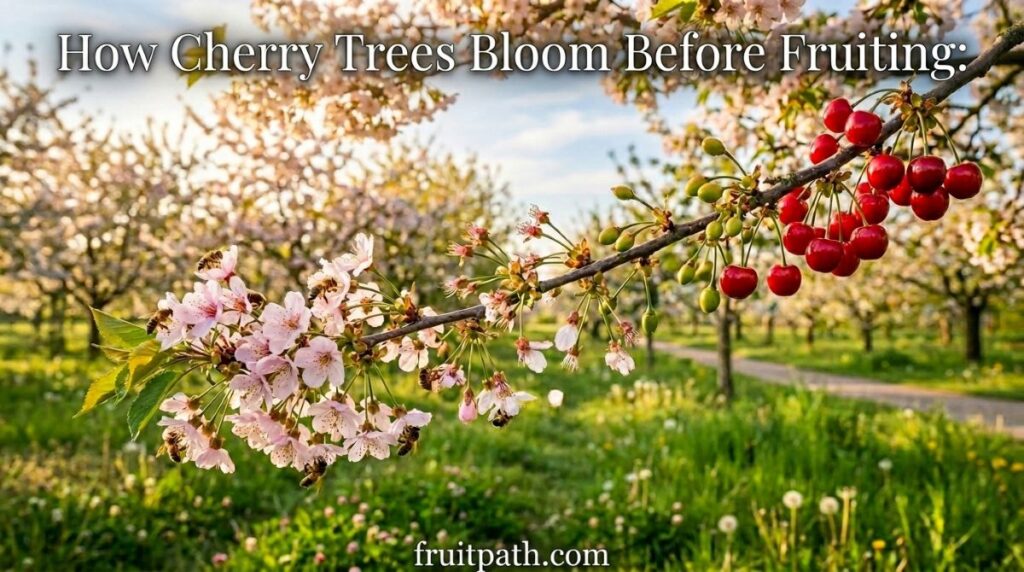 How cherry trees bloom before fruiting, showing cherry blossoms, bee pollination, developing fruit, and ripe red cherries on a healthy tree.