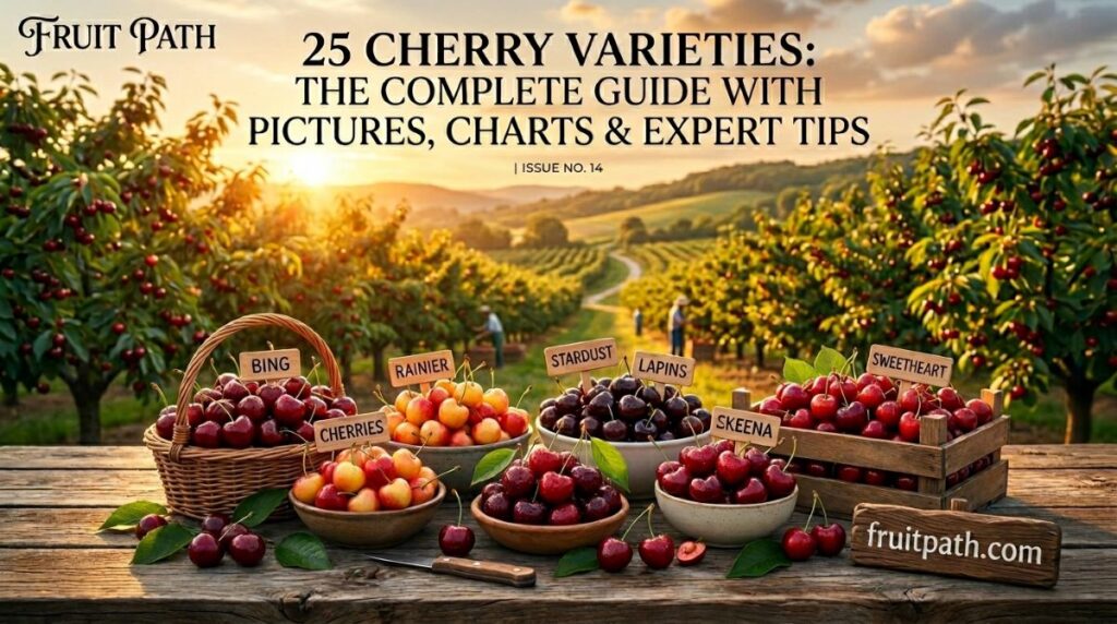 Cherry varieties guide showing Bing, Rainier, Montmorency, Lapins, and other cherry varieties with comparison chart and orchard background.