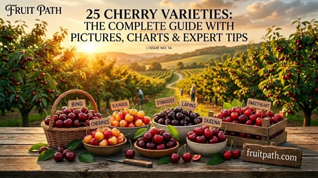 Cherry varieties guide showing Bing, Rainier, Montmorency, Lapins, and other cherry varieties with comparison chart and orchard background.