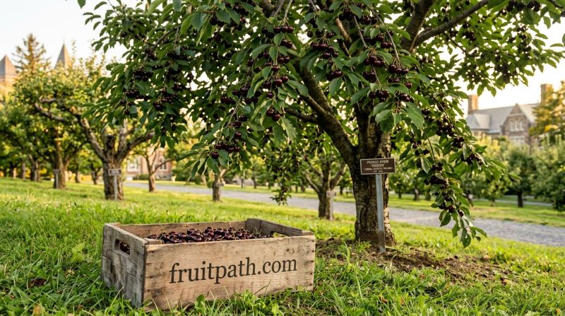 Large dark mahogany Hudson cherries hanging from a tree in an eastern U.S. orchard during late harvest season.