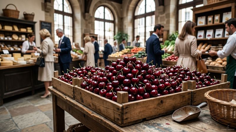 Extra-large Regina cherries with dark red color displayed at a premium European fruit market.