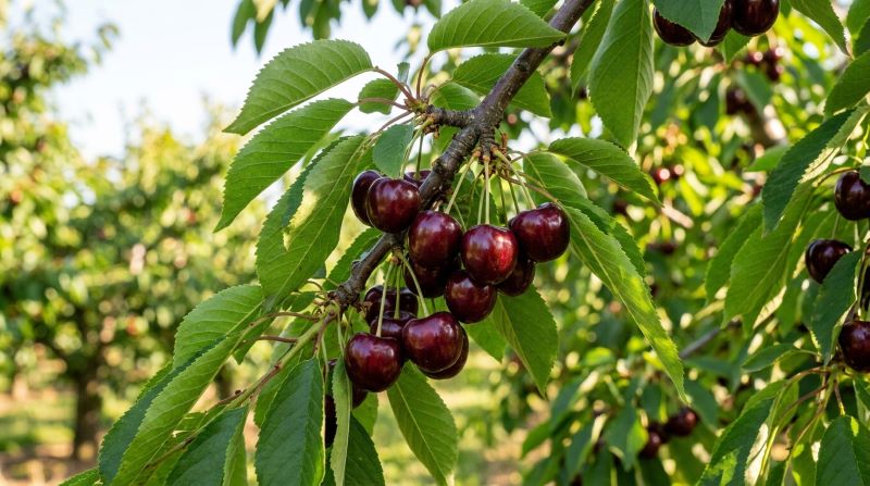 Sandra Rose cherries hanging on a tree branch, showing large dark red fruits ready for early-season harvest in a sunny orchard.