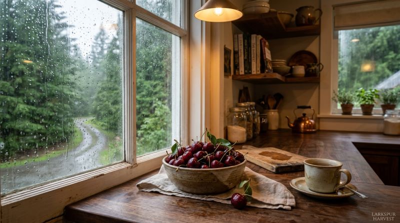 Cozy Pacific Northwest home kitchen on a rainy summer afternoon, a bowl filled with large dark red Benton cherries sitting beside a rain-speckled window. Outside, soft rain falls over evergreen trees, symbolizing the variety's excellent performance in wetter climates. Warm indoor lighting contrasts with the cool weather outside