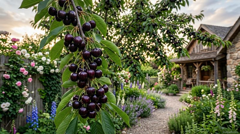 Black Tartarian cherries with deep dark purple-black color growing on a mature tree in a traditional home garden.