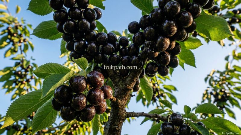 Low-angle view of near-black BlackPearl cherries hanging on a branch with sunlight filtering through orchard leaves.