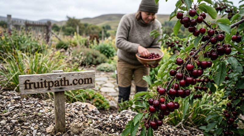 Carmine Jewel bush cherries growing as a multi-stem shrub with dark red fruit in a cold-climate garden.