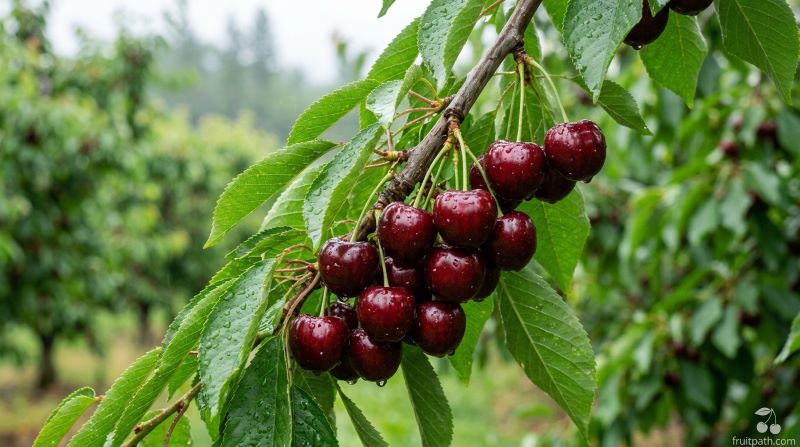 Chelan cherries hanging on a tree branch, large dark red fruit with glossy skin in a wet orchard environment.