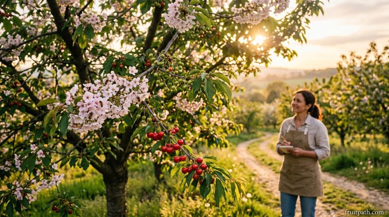 Conclusion of cherry blossom to fruit journey showing blossoms, developing cherries, and ripe fruit representing the full life cycle of a cherry tree.