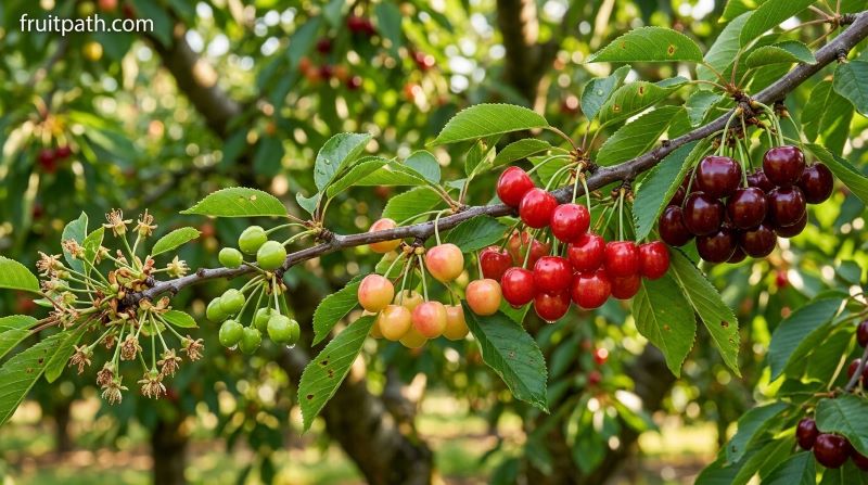 Cherry fruit development stage showing week-by-week growth from green fruit nubs to ripe red cherries ready for harvest.