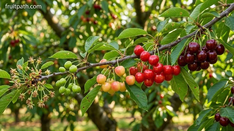Cherry fruit development stage showing week-by-week growth from green fruit nubs to ripe red cherries ready for harvest.
